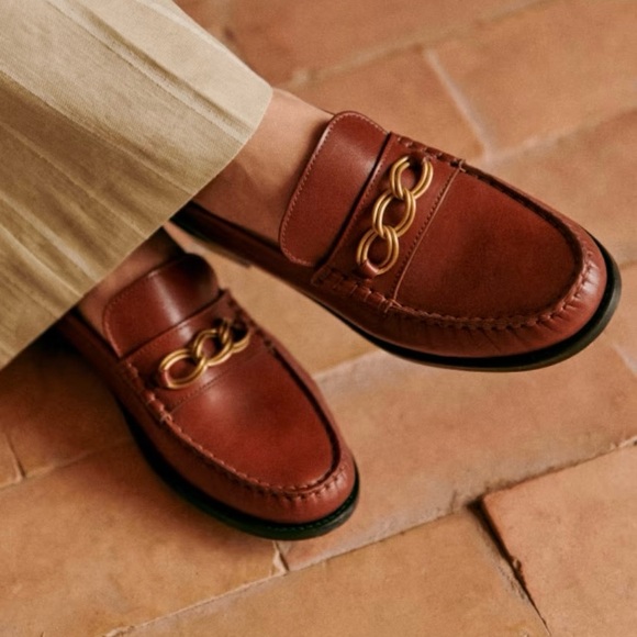 Sezane Vicky Soft Carmel Loafers with Gold Chain Detail | 36 - Picture 1 of 14